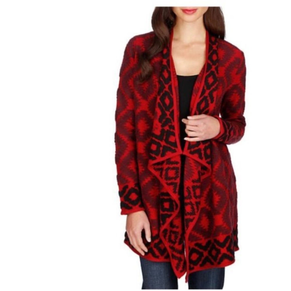 Lucky Brand‎ Women's Red Black Geometric Print Draped Cardigan Warm Fall